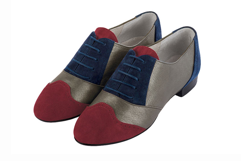 Burgundy red, taupe brown and navy blue women's fashion lace-up shoes. Round toe. Flat leather soles. Front view - Florence KOOIJMAN
